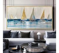 DHHXY Dipinto ad olio Barca a vela dorata Quadri Su Tela Grandi Dimensioni Poster su tela Moderna Barca a vela gialla e Oceano blu Decorazione della parete Immagine di arte 70x140 cm Senza cornice
