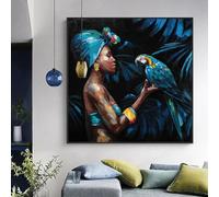 DHHXY Donna africana gioca con il pappagallo blu Wall Art Quadri Su Tela Grandi Dimensioni Pittura vintage Stampa su tela Immagini per soggiorno Decor 60x60 cm Senza cornice