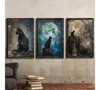 DHHXY Quadro Su Tela Stampa artistica su tela con gatto nero gotico e luna piena, stampa artistica da parete, Dark Academia Art, poster con stampe di gatti strega mistici, 30x42 cm, senza cornice