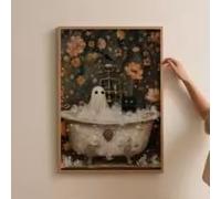 DHHXY Stampe su tela raffiguranti un gatto nero fantasma nella vasca da bagno, con fiori selvatici colorati di Halloween, poster da parete per l'arredo del bagno (40x60 cm/Gallery Wrap)