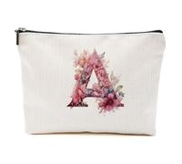 DHKG Borsa per il trucco con iniziale fiore personalizzata monogramma borsa cosmetica matrimonio compleanno Boss Day Natale regali doccia nuziale, Fiori rosa., 9.61 x 7.41 inches, A