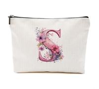 DHKG Borsa per il trucco con iniziale fiore personalizzata monogramma borsa cosmetica matrimonio compleanno Boss Day Natale regali doccia nuziale, Fiori rosa., 9.61 x 7.41 inches, S