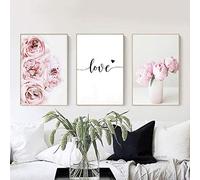 DHLHL 3 Pezzi su Tela Dipinto Nordic Decor Rosa peonia Fiore Poster e Stampa Amore Wall Art Immagine Floreale Arredamento Camera da Letto Decorazione della casa 50x70 cm Senza Cornice