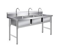 DHNDSDP Lavandino in Acciaio Inox 304 Lavello da Cucina A Tre Occhi Lavello da Cucina con Alzatina da 15 Centimetre Lavabo Commerciale Freestanding R Angoli Arrotondati(150x60x80cm/59.1x23.6x31.5)