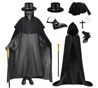Dhnvcud Maschera da pestdottore retrò in pelle con cilindro nero, bastone da passeggio, mantello con cappuccio, guanti, collana a croce, pest dottore, maschera da pestdottore, maschera da pestatico,