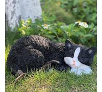 DHOBY GHAUT Statua a forma di gatto addormentato, decorazione da giardino, scultura e statuetta per esterni, statua soriana bianca e nera per patio, prato, cortile, grazioso gattino commemorativo