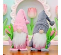 Dhqkqg Gnomo Primavera Tulipani Decorazione Interna, 2 Pezzi Pasqua Gnomo Peluche, Gnomi Decorativi da Tavolo, Regali per Donne, per la Festa Della Mamma Pasqua San Valentino Primaverile (Grigio+Rosa)
