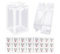 DHSBGWSX 25 scatole per caramelle, 5 adesivi, trasparente, stampato, confezione regalo per matrimonio, scatola trasparente con fiocco, per confezionare caramelle e regali di nozze