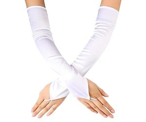 DHSBGWSX Guanti Eleganti da Donna - Lunghi in Raso Elasticizzato con Dita Uncinate, Morbidi e Senza Dita (Bianchi)