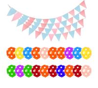 DHSBGWSX Set di Bandiere e Palloncini, 4 Bandiere Triangolari Rosa e Blu, 20 Palloncini a Pois Colorati, Decorazioni per Feste di Compleanno e Festività