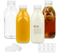 DHSBTLS 4 bottiglie per latte in vetro con coperchio, 1 l, riutilizzabili, per conservare latte fresco, ermetiche, resistenti, per succhi, miele, sciroppo, 2 coperchi e adesivi