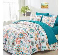 DHSFKBE Set copripiumino per letto king size, 7 pezzi, design con medaglioni floreali, set completo con lenzuola, in morbida microfibra, per tutte le stagioni (colore: blu foglia di tè, king size)