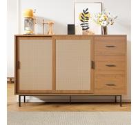 DHWDS Credenza con rattan, 3 ante e 3 cassetti, grande cassettiera per soggiorno, camera da letto e corridoio, 140 x 40 x 78 cm, in rovere