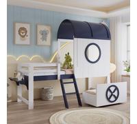 DHWDS Lettino a soppalco per bambini con tetto e finestre | Letto a castello sicuro 90 x 200 cm con cassetto arrotolabile, scala e spazio di archiviazione, bianco e blu, in legno di pino, per 2