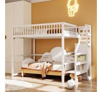 DHWDS Letto a soppalco da 140 x 200 cm, con scale e guardaroba, letto per bambini e ragazzi in legno massiccio, telaio con rete a doghe e ringhiera di sicurezza, letto in legno salvaspazio, bianco