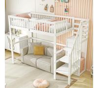 DHWDS Letto a soppalco da 90 x 200 cm, con scala e guardaroba, letto per bambini e ragazzi, in legno massiccio, telaio con rete a doghe e ringhiera di sicurezza, letto in legno salvaspazio, bianco
