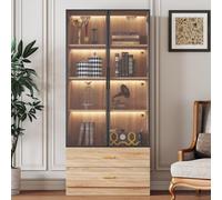 DHWDS Mobile da bagno con illuminazione a LED, 75 cm, armadio da bagno con 2 cassetti e 2 ante in vetro, armadio alto moderno, grande spazio di archiviazione, marrone