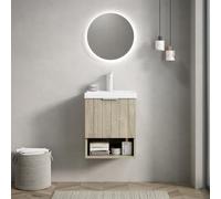 DHWDS Mobile da bagno piccolo 42 cm, montaggio a parete, con vasca in ceramica bianca, 2 ante con chiusura morbida, scaffale, pre-assemblato, effetto legno di quercia color panna