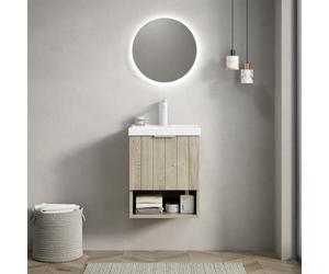 DHWDS Mobile da bagno piccolo 42 cm, montaggio a parete, con vasca in ceramica bianca, 2 ante con chiusura morbida, scaffale, pre-assemblato, effetto legno di quercia color panna