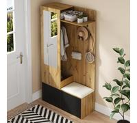 DHWDS Set appendiabiti da corridoio con specchio e panchina, design in legno nero, 5 ganci, scarpiera e gruccia nascosta, 100 x 38 x 191 cm per l'anticamera