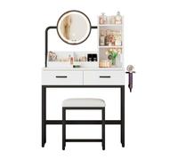 DHWDS Tavolo da toeletta con illuminazione a LED e piano pieghevole - Sgabello con 2 cassetti - tavolo da toeletta sottile per piccoli spazi, larghezza 75 cm, colore: Bianco