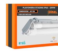 DI.M.EL. S.R.L. Plafoniera Stagna per 2 tubi LED da 60 cm IP65 impermeabile illuminazione perfetta per garage, seminterrato, uffici (Doppio tubo, Luce fredda 6500K)