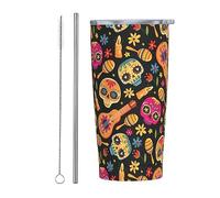 Dia De Los Muertos Bicchiere per il Giorno dei Morti con coperchio e cannuccia Bicchiere da 20 once in acciaio inossidabile con isolamento sottovuoto Tazze da caffè riutilizzabili Tazza da viaggio
