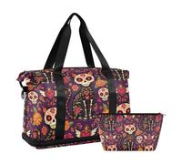 Día De Los Muertos - Borsa da viaggio pieghevole con scheletro di gatto, borsa da viaggio per la notte, con articoli da toeletta per trekking