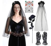 Dia De Los Muertos - Cerchietto per capelli, giorno del trucco morto, tatuaggio con teschio, accessorio per costume da donna, con guanti in pizzo, per Halloween, carnevale, feste