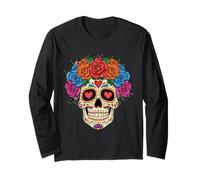 Dia De Los Muertos Giorno Dei Morti Fiori Teschio Zucchero Messico Maglia a Manica