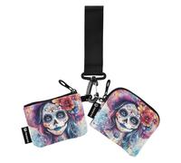 Dia De Los Muertos - Portafogli da donna messicani con porta carte di credito, mini portamonete alla moda, con cinturino da polso, per donna, 2 pezzi Recto Verso