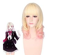 Diabolik Lovers Komori Yui Rosa Bionda Ombre Mix Ricci Scoppi piatti medi in stile Capelli sintetici Cosplay Parrucche piene donne PL-585