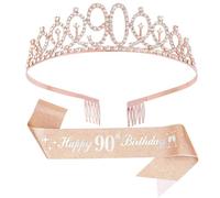 Diadema a corona per 90° compleanno, fascia "Happy 90th Birthday" con set di spille di perle, regali e decorazioni per il 90° compleanno per donne e amiche, forniture per bomboniere per feste felici