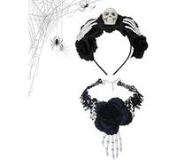 Diadema con fiore e teschio di Halloween, parrucca con collana a viti in pizzo nero, con dettagli realistici di teschio e ossa, per feste strane e role-playing per donne