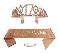 Diadema e corone per 17° compleanno per ragazze, diadema in oro rosa per la regina di compleanno, diadema principessa con strass, con pettini, ballo di fine anno, festa nuziale di Natale
