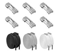 Diakey 3 paia di lacci elastici per scarpe da ginnastica senza lacci, lacci piatti senza lacci per adulti, colore: nero, bianco, grigio, corde elastiche per scarpe, Clip in argento con strass