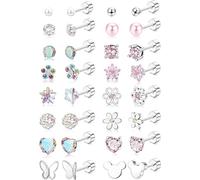 Diamday 16Parole Piccoli Orecchini Set Ipoallergenico per Donne Ragazze Acciaio Chirurgico CZ Palla Perla Cuore Fiore Vite Posteriore Orecchini Multicolore Retro Piatto Carino Cartilagine Orecchini