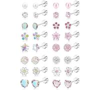 Diamday 16Parole Piccoli Orecchini Set Ipoallergenico per Donne Ragazze Acciaio Chirurgico CZ Palla Perla Cuore Fiore Vite Posteriore Orecchini Multicolore Retro Piatto Carino Cartilagine Orecchini