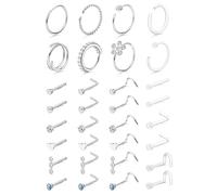 Diamday 32 Pezzi Argento Piercing Naso Donna Uomo Ipoallergenico Acciaio Chirurgico Naso Trasparente L/Dritta/A Spirale Borchie e Cerchi per Nostril Septum Labbro Tragus Gioielli Piercing Corpo 18G
