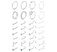 Diamday 32 Pezzi Argento Piercing Naso Donna Uomo Ipoallergenico Acciaio Chirurgico Naso Trasparente L/Dritta/A Spirale Borchie e Cerchi per Nostril Septum Labbro Tragus Gioielli Piercing Corpo 20G