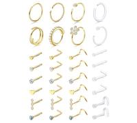 Diamday 32 Pezzi Oro 14K Piercing Naso Donna Uomo Ipoallergenico Acciaio Chirurgico Naso Trasparente L/Dritta/A Spirale Borchie e Cerchi per Nostril Septum Labbro Tragus Gioielli Piercing Corpo 18G