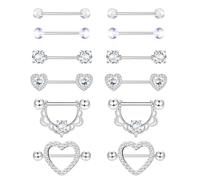 Diamday 6 Paia Piercing Capezzolo 316L Acciaio Chirurgico Piercing Lingua 14G Capezzolo Anelli Ipoallergenico CZ Cuore Nipple Piercings Barre Lingua Barbells Capezzoli Corpo Piercings for Donna
