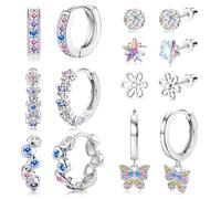 Diamday 7 Paia Anallergici Orecchini 316L Acciaio Inox Set Flat Back Stud con Cuore, Hoop, CZ, Stella, Fiore, Cartilagine, Tragus Piercing Rosa Multicolor
