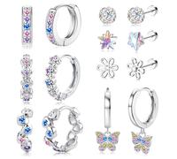 Diamday 7 Paia Orecchini Anallergici in Acciaio Inox 316L con Flat Back Stud - Set Cuore, Hoop, CZ, Stella, Fiore per Cartilagine Tragus Piercing Rosa Multicolor