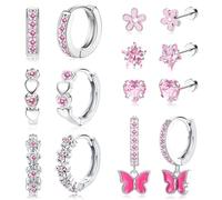 Diamday 7 Paia Orecchini Anallergici in Acciaio Inox 316L Con Flat Back Stud - Set Cuore, Hoop, CZ, Stella, Fiore per Cartilagine Tragus Piercing Rosa Multicolor