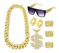 Diamday 80s 90s Costume Hip Hop Catena d'oro Finta con Denaro Occhiali da Sole da Rapper Punk Orecchini Cerchio d'oro Bracciali Chian