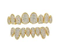 Diamond Grills for Your Teeth placcato oro 18 K Ice Out Mouth 8 denti Grillz Top Bottom Denti Caps Hip Hop Bling Gold Silver Grill per Halloween Costume Cosplay Uomo Donna Gioielli, one size, Ottone