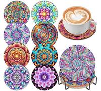 Diamond Painting Sottobicchieri fai da te con diamante, con supporto, antiscivolo, per bevande, rotondi, sottobicchieri da cucina, sottobicchieri (fiori di mela)