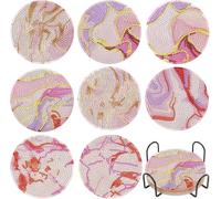 Diamond Painting Sottobicchieri fai da te con diamanti, con supporto, antiscivolo, per bevande, rotondi, sottobicchieri da cucina, sottobicchieri (marmo rosa oceano)