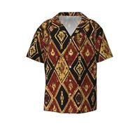 Diamond Pattern Uomo Colletto Cubano Manica Corta Button Down - Camicia Casual Beach Resort Vacanza, Nero, XX-Large-5X-Large